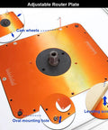 Smooth Operator Motorized Router Lift For 3 1/2 Inch Diameter Routers with adjustable orange plate and leveling screws.