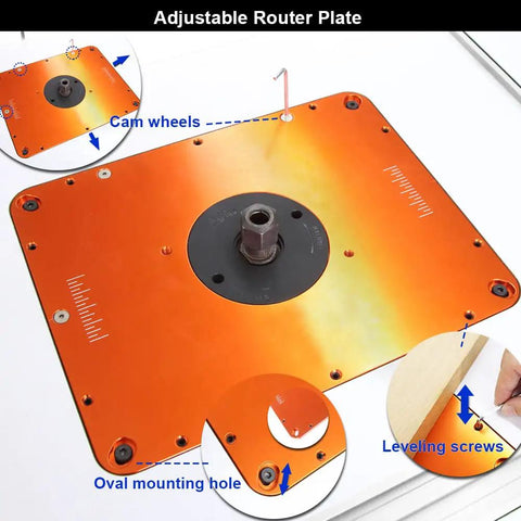 Smooth Operator Motorized Router Lift For 3 1/2 Inch Diameter Routers with adjustable orange plate and leveling screws.