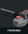 Close-up of V20 Cordless Angle Grinder Kit With 4 1/2 Inch Disc, Battery And Charger Included, 3-position handle detail.