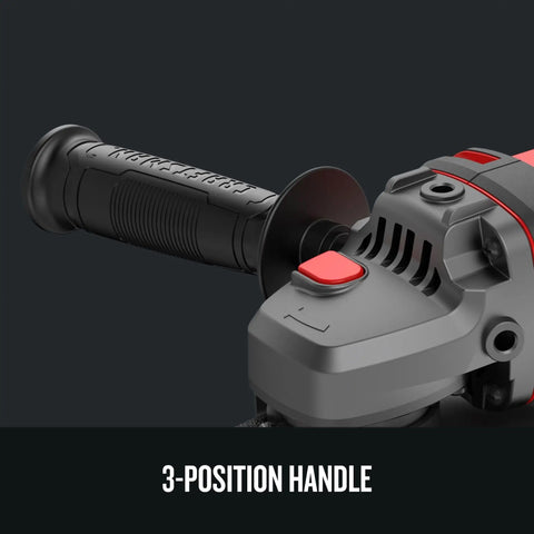 Close-up of V20 Cordless Angle Grinder Kit With 4 1/2 Inch Disc, Battery And Charger Included, 3-position handle detail.