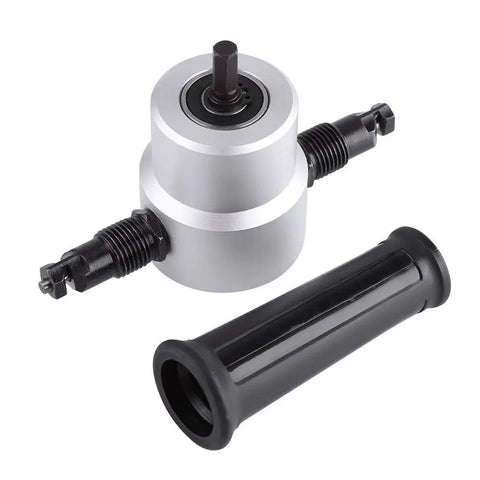 Jiawu Double Head Power Drill Nibbler Sheet Metal Cutter Adjustable 360 Degrees for Steel Copper Aluminum And Stainless Steel Thick Sheets DIY Projects, close-up view of drill attachment components.