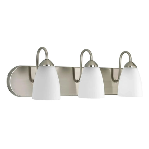 Gather Collection Three Light Bath Vanity Light With Etched Glass Shades In Brushed Nickel Finish For A Spa Vibe Coastal Modern And Transitional Bathrooms