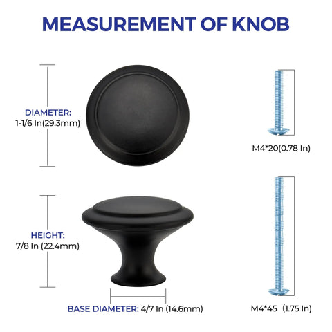 Measurements of 60 Pack Matte Black Kitchen Cabinet Knobs One And A Quarter Inch Round Drawer Pulls with screws
