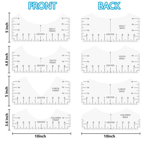 12 Pack T Shirt Ruler Guides for Vinyl Alignment and Centering Designs showing front and back measurement styles, PVC material.