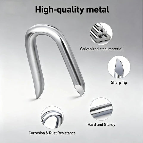 280 Piece Galvanized Steel Fence Staples Set For Wire Mesh And Woven Fencing, showing U-shaped nail, sharp tip, and corrosion resistance