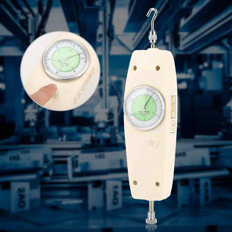 Analog Dynamometer And Force Gauge 300N Capacity Handheld Push And Pull Tester For Industrial Use With Flat Tip Cone Tip And Hook Included Heavy Duty And Accurate Readouts For Precise Measurements In Any Shop Floor Or Lab, white handheld gauge with hook