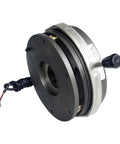 Side view of DHM8-14 power-off electromagnetic brake with black housing and protruding shaft.