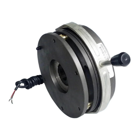 Side view of DHM8-14 power-off electromagnetic brake with black housing and protruding shaft.
