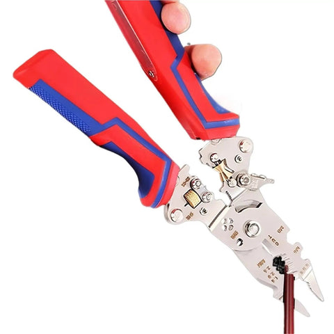 Close-up of 13-In-1 Foldable Wire Stripper With Voltage Tester Electric Cable Cutter Scissors gripping a wire.