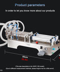 Heavy Duty Stainless Steel Liquid Filler Double Head Pneumatic Bottle Machine With Foot Pedal Horizontal Auto System with hoses and dimensions.