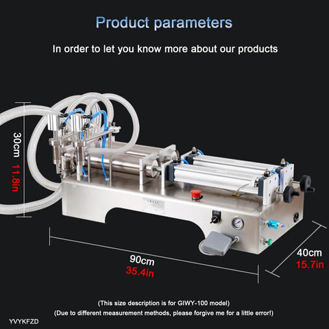 Heavy Duty Stainless Steel Liquid Filler Double Head Pneumatic Bottle Machine With Foot Pedal Horizontal Auto System with hoses and dimensions.