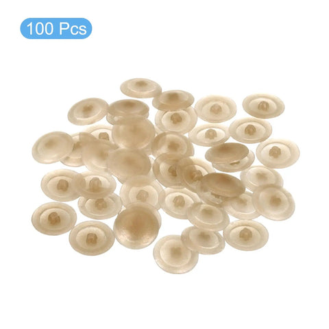 100 Pack Champagne Screw Cap Covers 12 MM Waterproof Plastic Decor Caps for Phillips Cam Lock and Self Tapping Screws arranged flat.