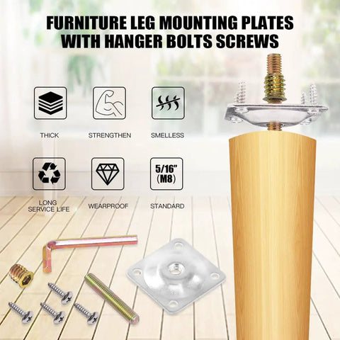 Rock Solid Silver Furniture Leg Mounting Plates Kit includes 50mm hanger bolts, 8 screws, and heavy-duty steel brackets.