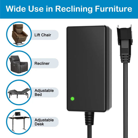 Beefed Up Recliner Power Supply 29V 2A Transformer for power recliner lift chair and adjustable desk, shown with usage icons
