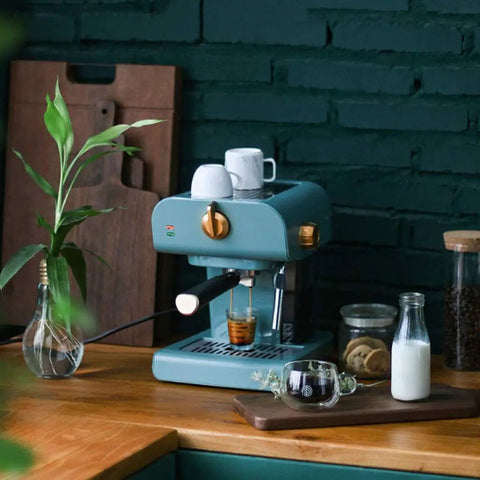 Retro Semi Automatic Coffee Machine For Home Use With Built In Milk Frother Espresso Pump 850W 110 240 Volts Compact Barista Ready Kitchen Gadget.