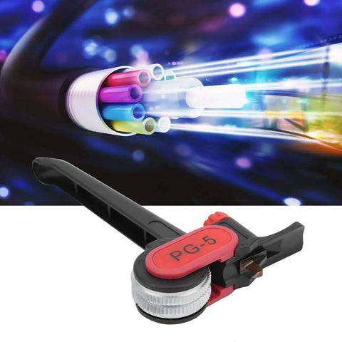 Pro Grade Manual Wire Stripper And Longitudinal Cutter With Replaceable Blades shown near fiber optic cables