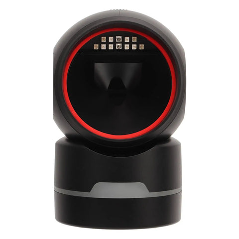Front view of USB Desktop Barcode Scanner With Auto Sensing Fast Reads 1D 2D And QR Codes From Paper Or Screens Hands Free