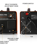 Front and back view of 140Amp MIG Welder Flux Core Gasless 110V Inverter with connectors and power switch labeled.