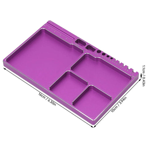 Purple magnetic aluminum screw tray with compartments for RC repairs holds screws nuts washers, ideal for vehicles and tools.