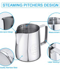 Milk Frothing Pitcher 12oz 350ml Stainless Steel 304 Barista Quality Espresso Steamer Cup with measurement line and spout design
