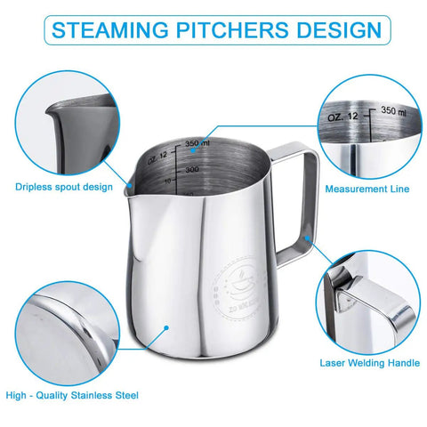 Milk Frothing Pitcher 12oz 350ml Stainless Steel 304 Barista Quality Espresso Steamer Cup with measurement line and spout design