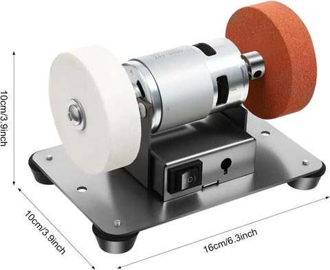 Compact 96W Mini Bench Grinder With Dual Grinding Wheels Variable Speed 3000 To 6000 RPM All Copper Brushless Motor For Metal Sharpening Polishing killer DIY Workbench Sander rig with white and orange wheels.
