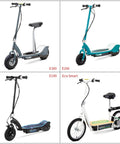 Electric scooters quartet: E300 gray, E200 turquoise, E100 black, Eco Smart white.