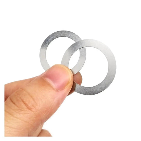 Ultra Thin Flat Washer Set Kit With 1200 Pcs 0.1 0.2 0.3mm Stainless Steel M3 To M20 Gasket Shims For Automotive And Home DIY Repairs, Versatile Fastener Washers, 304 Grade, hand holding three flat washers