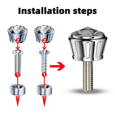 Installation steps for Sparkly Rhinestone License Plate Screw Caps 4 Pack Premium Alloy Bolt Covers with crystal design.