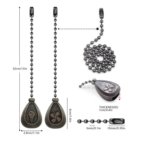 Bronze Ceiling Fan Pull Chain Set 12 Inch Beaded Ball Pendant Extender With Connector 2 Pack, showing dimensions.