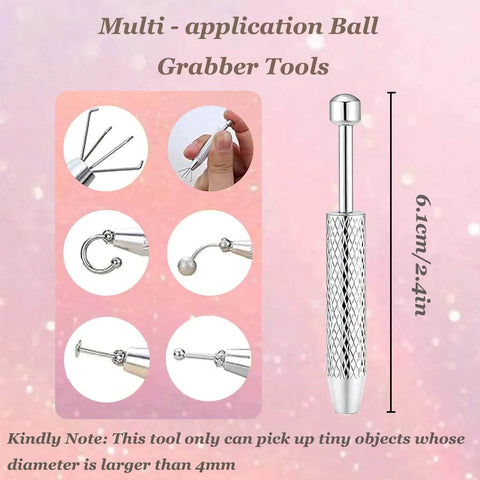 Multi-application ball grabber tool with easy grip handle, for piercing taper and flat back earring insertion for 14G-20G body jewelry.