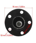 Close-up of a brake disc hub with bolt hole measurements for a 40 Inch Rear Axle Kit Drive Shaft Diff With Brake Disc For Go Karts Golf Carts ATVs And More Heavy Duty 2 Pack For Diy Builds And Custom Buggies Drift Trikes.
