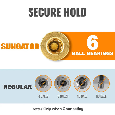 Close-up of brass quick connect coupler with six ball bearings for secure hold, highlighting Sungator brand feature of Eight Pack One Quarter Inch NPT Air Fittings Kit With Solid Brass Quick Connect Couplers And Plugs For Air Hoses And Compressors, Repair Kit, Easy Quick Connect Pneumatic Set.