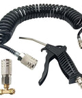 Kick The Dust And Blast Off Garage Grit With This Ultra Durable Air Blower Gun Kit Featuring A 16 Foot Pneumatic Hose And Secure Quarter Inch Fittings, showing a durable air blower gun with coiled hose and fittings.