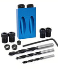 Joint Angle Tool And Pocket Hole Jig Set For Pro Level Carpentry, 14 Pieces including blue fixture, drill bits, hex key, and dowels.