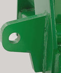 Close-up of Euro Global Hay Frame With 49 Inch Spear And Stabilizers For John Deere Tractors, green metal corner detail.
