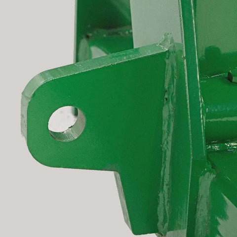 Close-up of Euro Global Hay Frame With 49 Inch Spear And Stabilizers For John Deere Tractors, green metal corner detail.