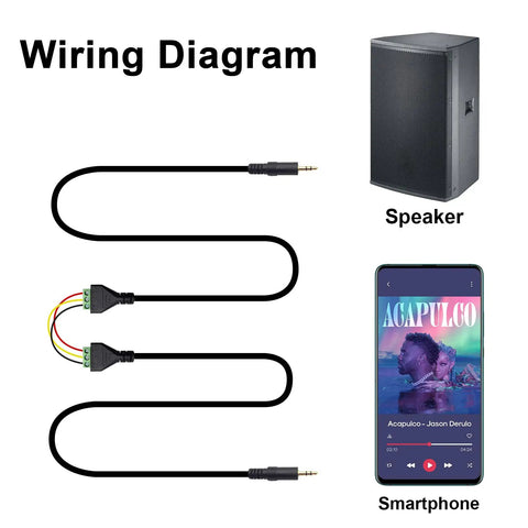 Wiring diagram showing 3.5 mm stereo audio male jack adapter connecting smartphone and speaker with screw terminals.