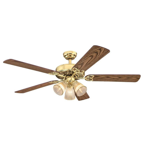 52 Inch Vintage Indoor Ceiling Fan With Dimmable LED Light And Clear Ribbed Glass, Polished Brass Finish, Reversible Walnut And Oak Blades