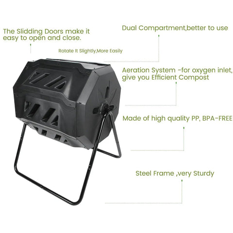 Outdoor 160L Rotating Compost Tumbler Bin For Garden And Yard Waste, view showing dual compartments and steel frame