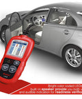 AL319 OBD2 Scanner Car Code Reader connected to vehicle, showing device close-up with bright LEDs and speaker, car in background.