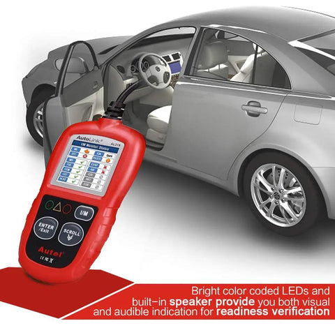 AL319 OBD2 Scanner Car Code Reader connected to vehicle, showing device close-up with bright LEDs and speaker, car in background.