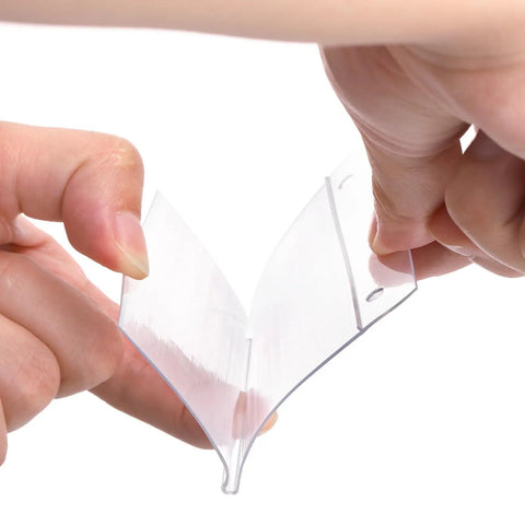 Hands demonstrating the flexibility of 100 Pack Plastic Wire Shelf Label Holders 4 By 2.3 Inches Clear Price Tag Holder Sign And Ticket Holder