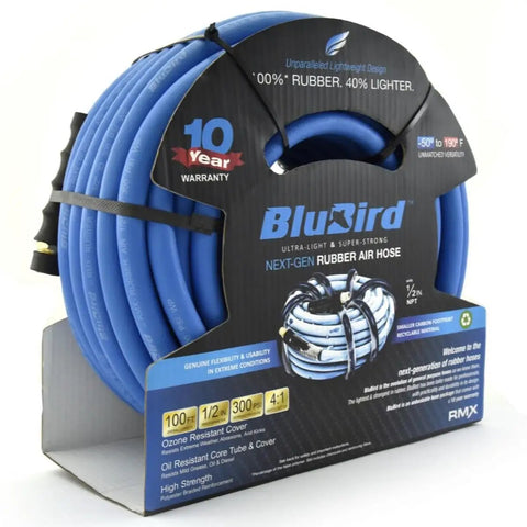 Lightweight Half Inch 100 Foot Rubber Air Hose With 300 PSI, Kink-Resistant And Lays Flat, 100 Percent Rubber Construction, Ultra Flexible And Strong, Ozone Resistant, Temperature Range 50F To 190F, High-Strength Polyester Braided