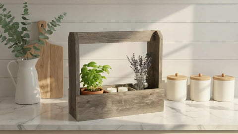 Real Reclaimed Barnwood Tote Carry All Planter Box For Indoor And Outdoor Farmhouse Decor Accent with herbs on a countertop