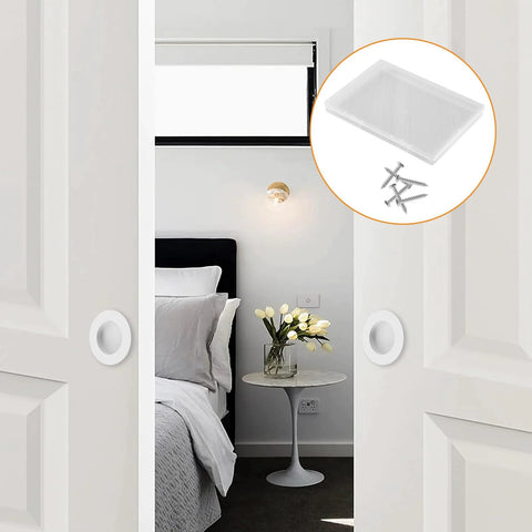 Bedroom view with 4 Pack White Round Recessed Cabinet Handles 65mm Stainless Steel Sliding Door Pulls and included mounting screws