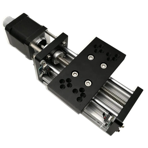 CNC 3018 Update Kit With Sliding Table And Motor 52mm Spindle Fixture X Axis SCS10UU Slider T8 Lead Screw 4mm Nut And Fixing Seat Including 2 Limit Switches For Precise DIY Router Upgrade, showing the black sliding table and spindle motor assembly.