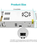 12V 30A 360W Regulated Switching Power Supply dimensions and close-up of voltage selector switch