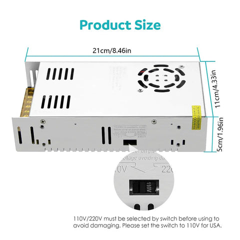 12V 30A 360W Regulated Switching Power Supply dimensions and close-up of voltage selector switch