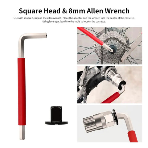 Square head and 8mm Allen wrench in 5 Piece Bike Cassette Removal Tool Set with Chain Whip and Auxiliary Wrench.